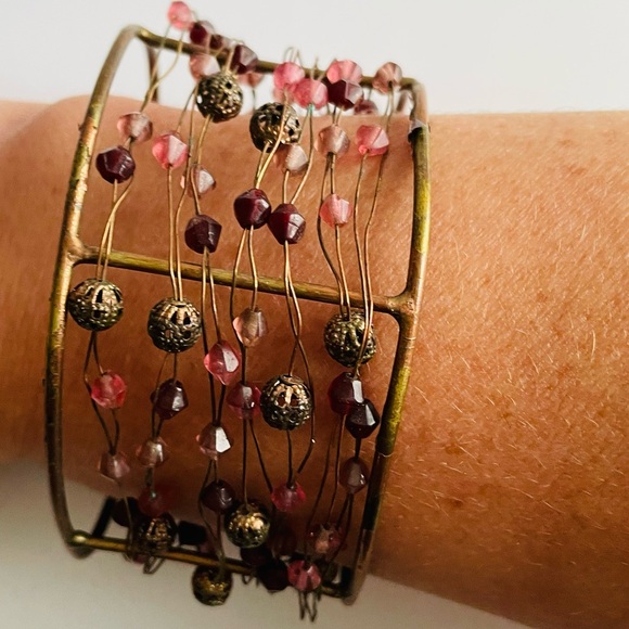 Wire Cuff Bracelet with Pink and Brown Beads - Picture 15 of 16